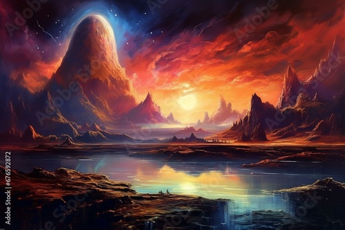 Enigmatic cosmic landscape oil painting blending HD wallpaper. Generative AI