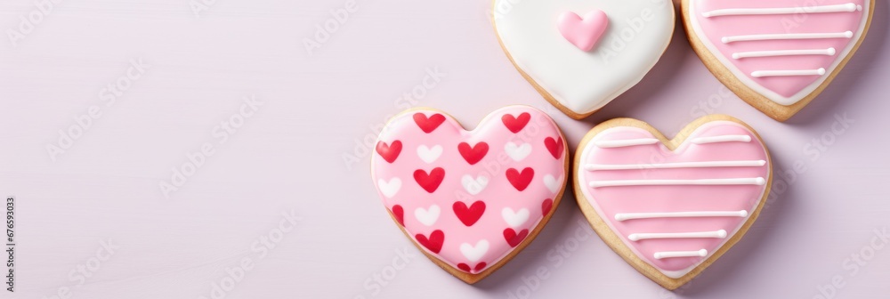 Homemade valentine cookies on pastel pink background with copy space. Gingerbread hearts for Valentine's day. Sugar glazed cookies. Present for holiday, birthday, woman's day. Greeting card or banner