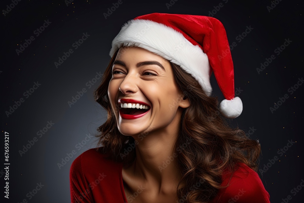 photo beautiful woman in santa hat feeling happy, generative ai photo beautiful woman in santa hat feeling happy, generative ai