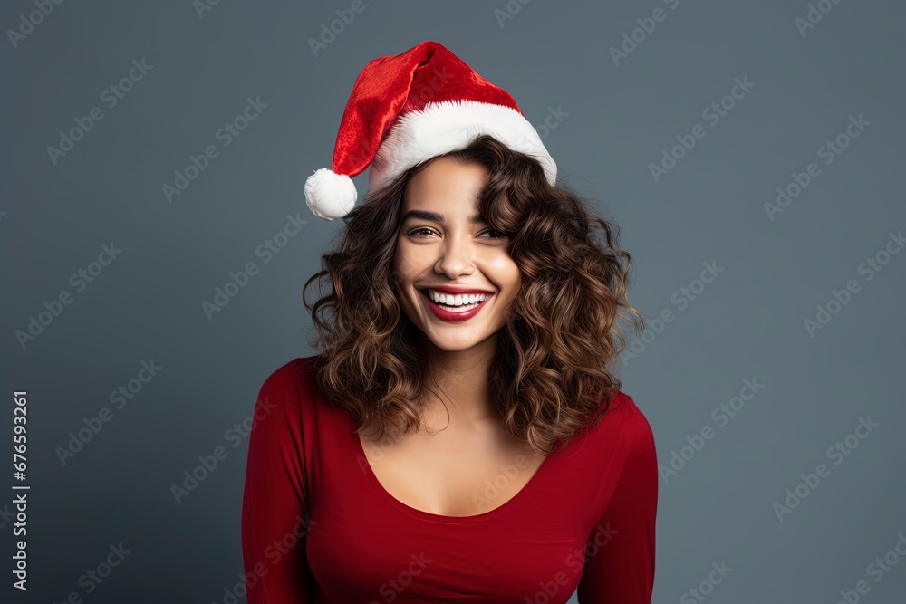 photo beautiful woman in santa hat feeling happy, generative ai photo beautiful woman in santa hat feeling happy, generative ai