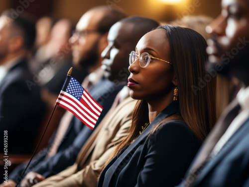 Naturalization Ceremony with American Flag and Diverse Crowd photo
