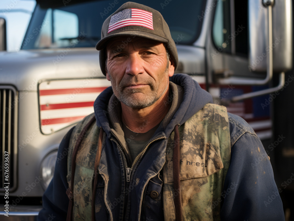 American Truck Driver with Patriotic Cap Portrait