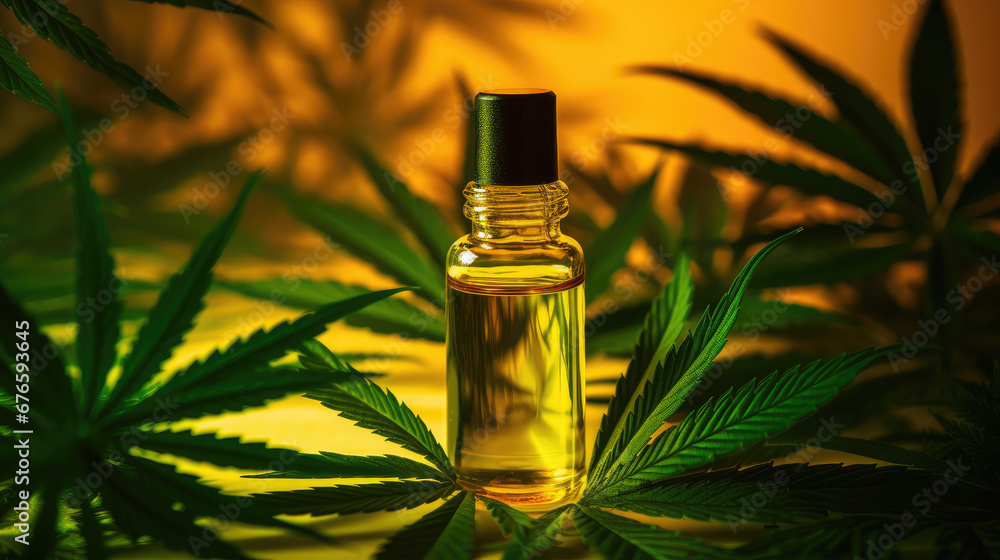 Glass bottle of hemp oil with green cannabis leaves. Mockup container of oil for cosmetic, medicinal and culinary purposes. Glass bottle of hemp oil with green cannabis leaves. Mockup container of oil for cosmetic, medicinal and culinary purposes.