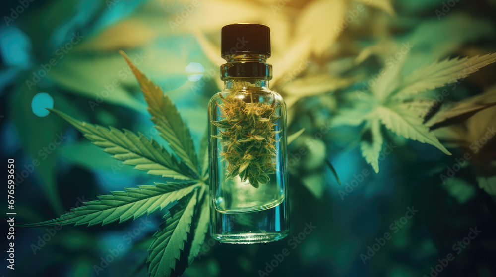 Glass bottle of hemp oil with green cannabis leaves. Mockup container of oil for cosmetic, medicinal and culinary purposes. Glass bottle of hemp oil with green cannabis leaves. Mockup container of oil for cosmetic, medicinal and culinary purposes.
