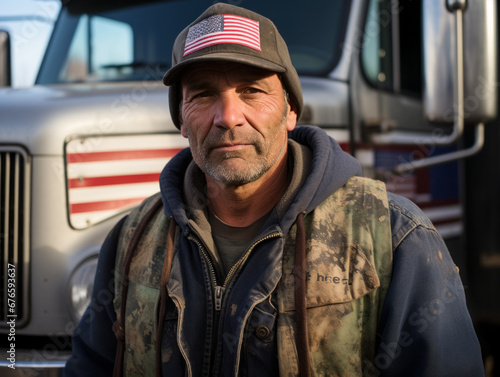 American Truck Driver with Patriotic Cap Portrait