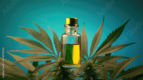 Glass bottle of hemp oil with green cannabis leaves. Mockup container of oil for cosmetic, medicinal and culinary purposes. 