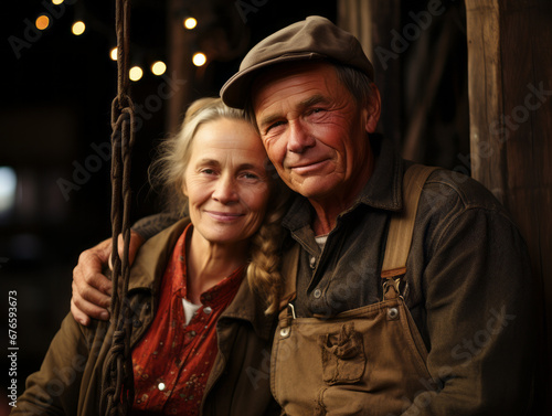 Rustic Charm: Elderly Couple Embracing on Farm Porch