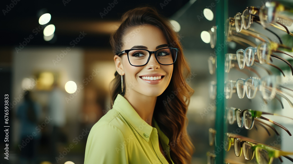 Portrait of a young smiling woman wearing glasses near a showcase with
