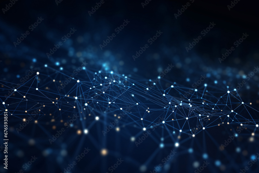 Abstract Technology Network of Blue Grid and Particles on Dark Background Abstract Technology Network of Blue Grid and Particles on Dark Background