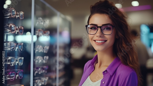 Portrait of a young smiling woman wearing glasses near a showcase with glasses in an optical store. Medical vision correction, optics.