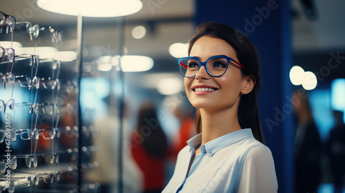 Portrait of a young smiling woman wearing glasses near a showcase with glasses in an optical store. Medical vision correction, optics.