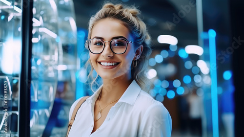 Portrait of a young smiling woman wearing glasses near a showcase with glasses in an optical store. Medical vision correction, optics.