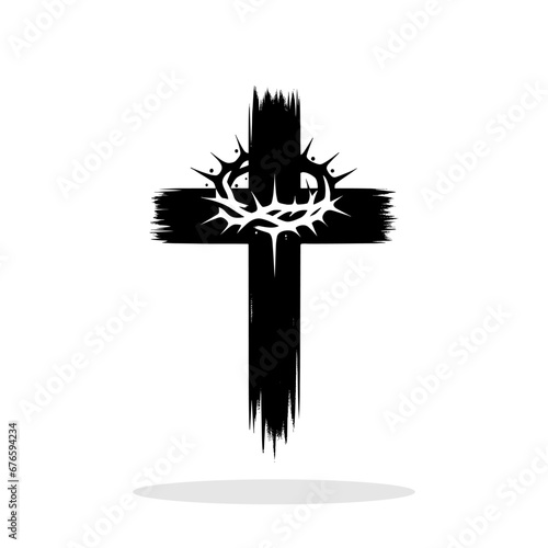 Religious symbol. Abstract black brushstroke of Christian cross with crown of thorns on white background. Vector illustration.