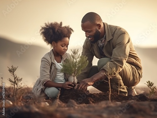 Father and daughter planting a tree.