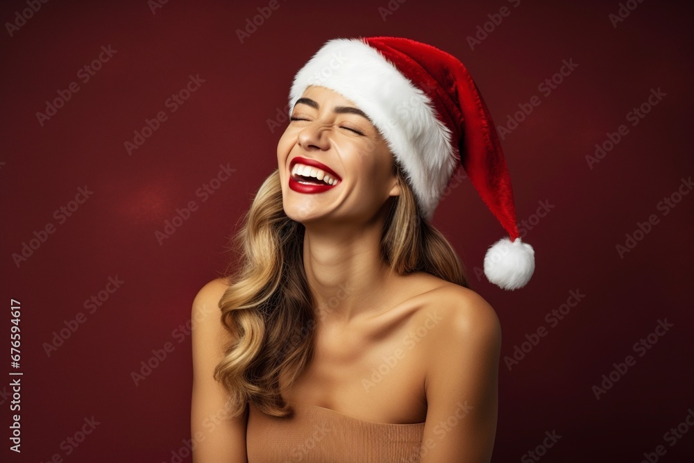 photo beautiful woman in santa hat feeling happy, generative ai photo beautiful woman in santa hat feeling happy, generative ai