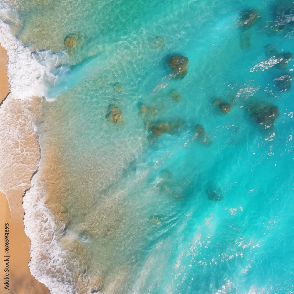 Turquoise Water Aerial View of Beach. Summer Seascape Waves Turquoise Water Aerial View of Beach. Summer Seascape Waves