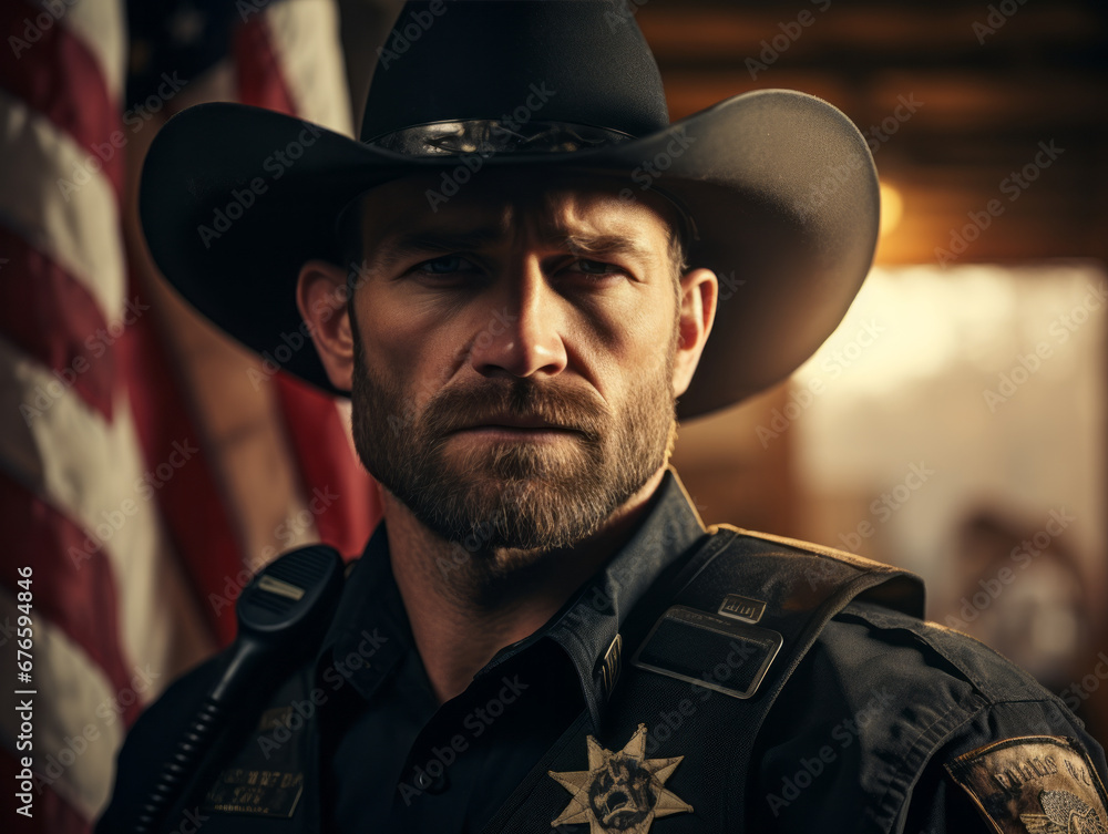 Sheriff Standing Beside American Flag at Sunset Sheriff Standing Beside American Flag at Sunset