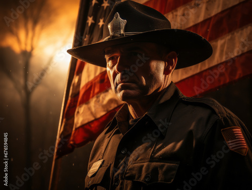 Town Sheriff in Uniform Next to American Flag at Sunset © Dawid