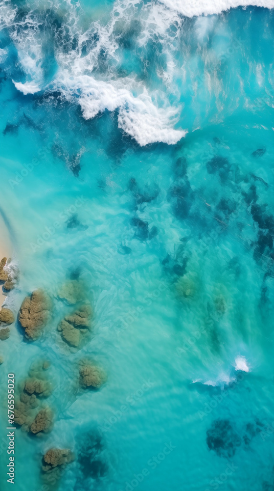 Fototapeta premium Turquoise Water Aerial View of Beach. Summer Seascape Waves