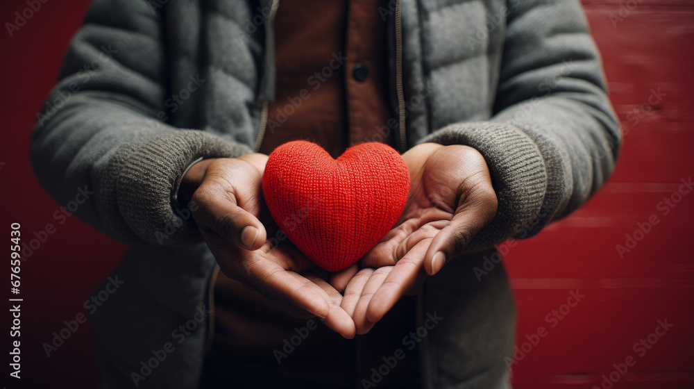 An elderly man or woman holds a red knitted heart in his hands. AI generated