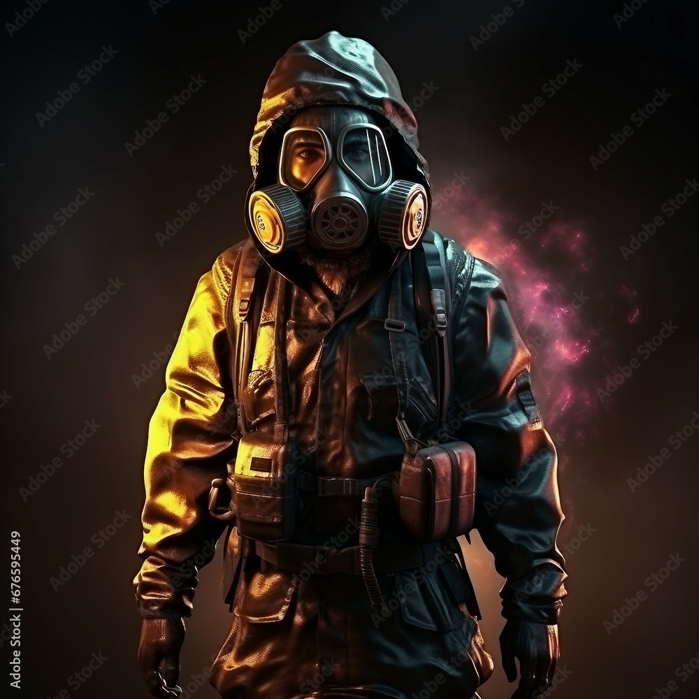A surviving stalker in protective clothing and a neon gas mask, illustration, art A surviving stalker in protective clothing and a neon gas mask, illustration, art