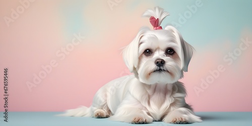 Studio portraits of a funny Maltese dog on a plain and colored background. Creative animal concept, dog on a uniform background for design and advertising.