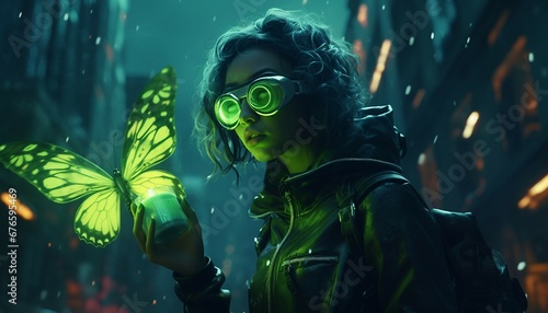 A cyberpunk girl in a futuristic gas mask with protective green goggles and filters in a jacket looking at a glowing butterfly