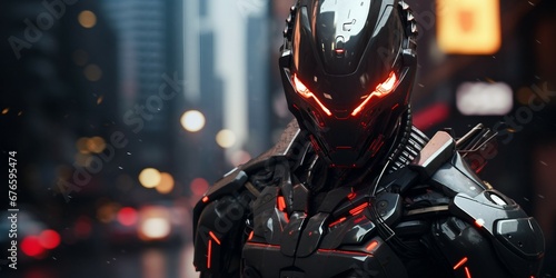 A high-tech cyberpunk robot stands in the middle of a city street, illustration, art