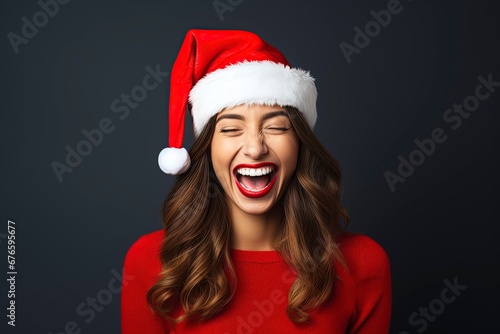 photo beautiful woman in santa hat feeling happy  generative ai