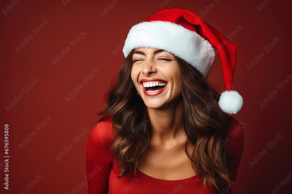 photo beautiful woman in santa hat feeling happy, generative ai photo beautiful woman in santa hat feeling happy, generative ai