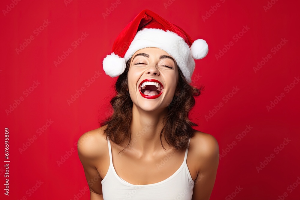 photo beautiful woman in santa hat feeling happy, generative ai photo beautiful woman in santa hat feeling happy, generative ai