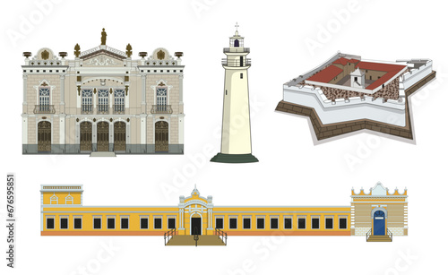 Vector set of famous places in the city of Natal, Rio Grande do Norte, Brazil. This set contains a theater, the Mother Luiza's Lighthouse , a famous  fortress and a Tourism Center of the city photo