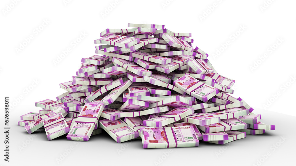 Big pile of 2000 Indian rupee notes a lot of money over transparent background. 3d rendering of bundles of cash - obrazy, fototapety, plakaty 