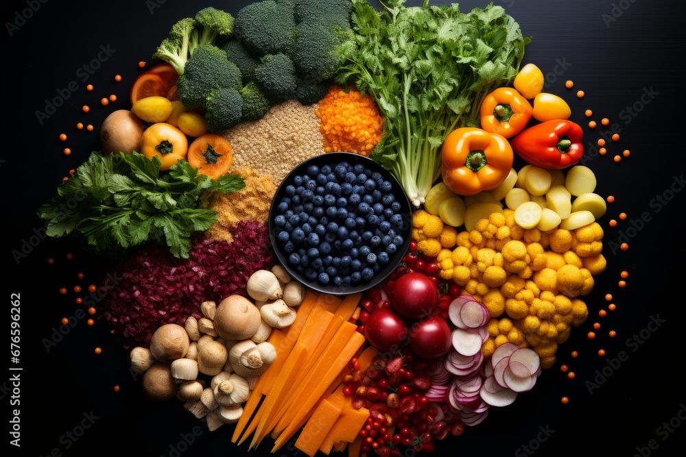 Assortment of fresh and nutritious vegetables and fruits on dark background   top view flat lay