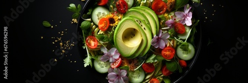 Vibrant avocado salad with cherry tomatoes, cucumber, and lettuce on dark blue background