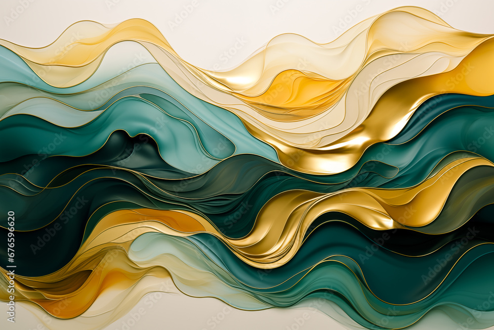 Abstract gold waves with blue, aqua, teal, yellow isolated textured flowing layers. Wavy modern art texture banner graphic resource as background for stylized digital ocean golden flowing wavy waves - obrazy, fototapety, plakaty 