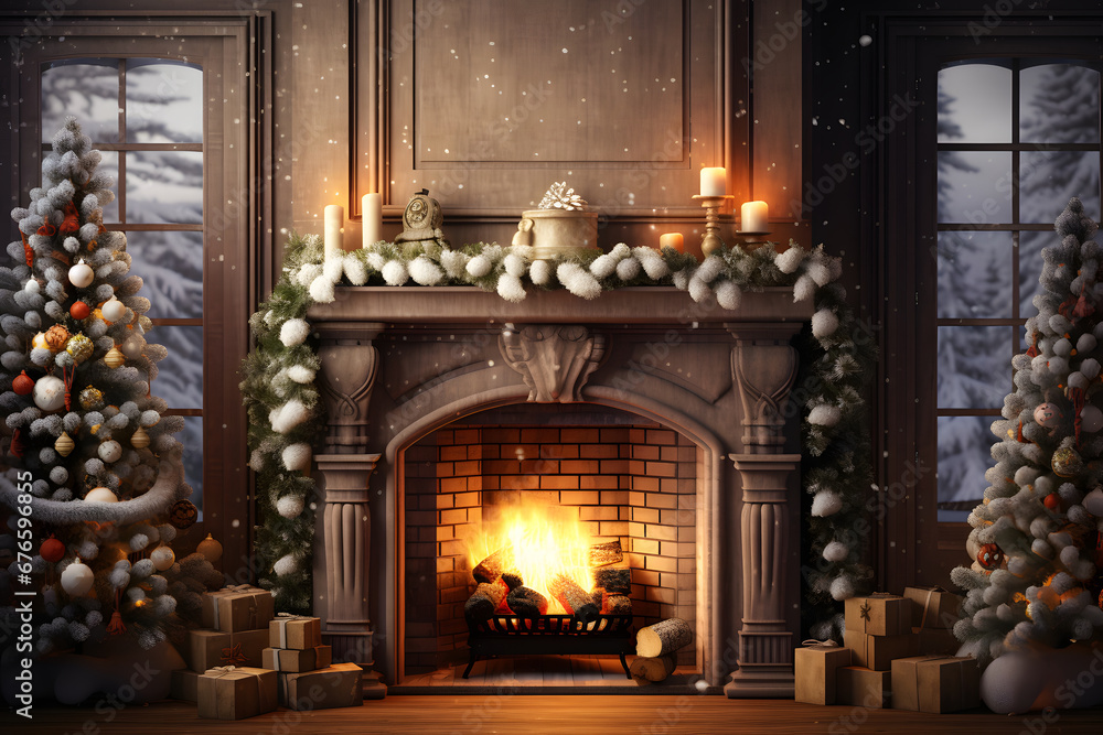 Room interior with fireplace Christmas decorations presents gifts and lit candles, snow and forest landscape through the window Room interior with fireplace Christmas decorations presents gifts and lit candles, snow and forest landscape through the window