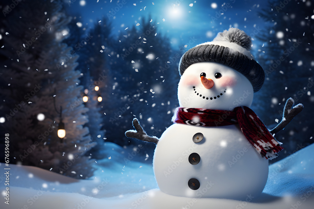 Happy snowman with hat and red scarf, snowfall in forest. Merry Christmas and New Year celebration concept created using Generative AI