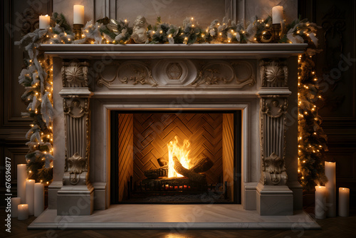 Fireplace with Christmas decorations and lit candles. Generative AI