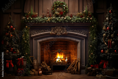 Wallpaper Mural Cosy Christmas concept: fireplace, decorated Christmas tree, gifts and firewood. Generative AI Torontodigital.ca