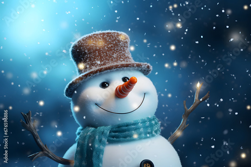 Happy smiling snowman with blue scarf and hat during snowfall. Generative AI © Ayrum.Design