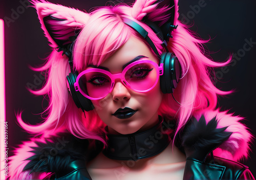 Cyberpunk neon pink catgirl. Fetish fashion. Furry cat woman ears and glasses. AI Generative