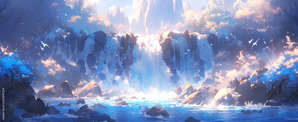 A mesmerizing, frozen waterfall with icicles that catch and reflect the sunlight, cartoon style art, animation wallpaper. generative AI