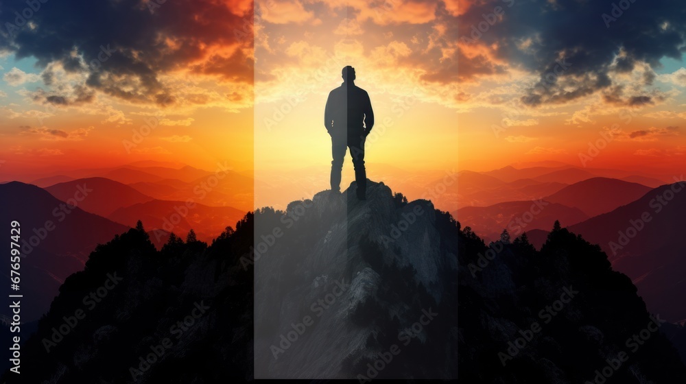 double exposure silhouette photography business male stand and feel happy on the most hight on the mountain, hiking, success, cliff