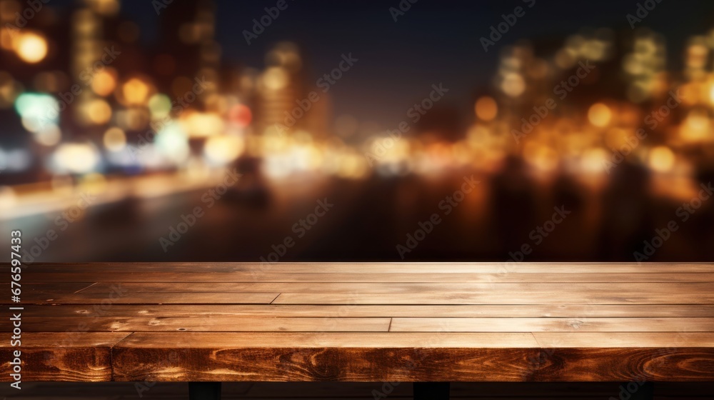.empty table dark top with blur background of town, Advertisement, Print media, Illustration, Banner, for website, copy space, for word, template, presentation