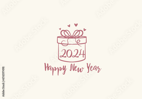 Happy New Year 2024 Gift Box Concept  Logo Happy Newyear Feminim Line Pink  Greeting Card 2024. Editable File