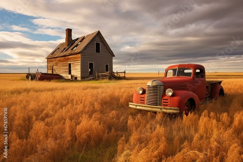 Old red barn and deserted truck in a prairie farmyard in Saskatchewan. Generative AI photo