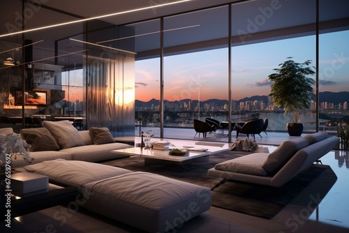 Contemporary living space with a sleek design and digital visualization. Generative AI © Meliora