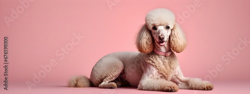 Studio portraits of a funny Poodle dog on a plain and colored background. Creative animal concept, dog on a uniform background for design and advertising. photo