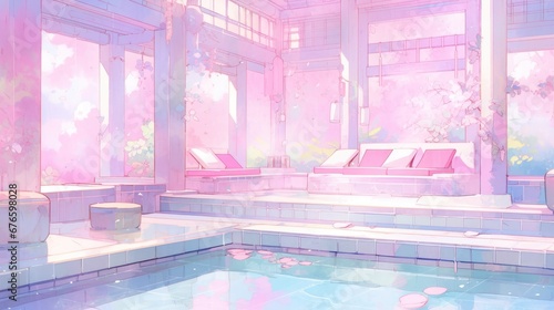 Pastel anime-style illustration of a beautiful bath house
